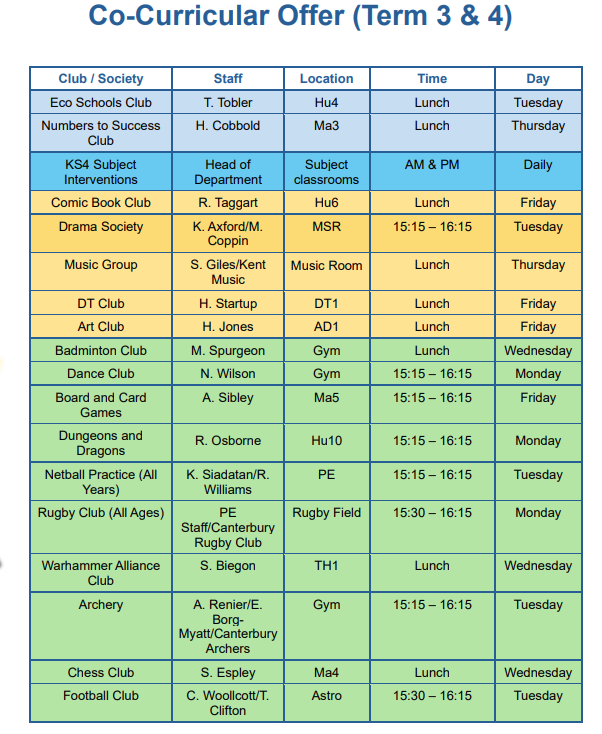Co Curricular Offer (Term 3 & 4)   25 26
